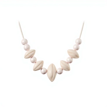 A delicate necklace composed of small clam shells and pearls. The clam shells are intricately arranged, showcasing their natural textures and slight variations in color, from soft beige to pale pink. Each pearl glimmers gently, reflecting light with a smooth, lustrous finish. The necklace is strung on a thin, transparent cord that is barely visible, allowing the beauty of the shells and pearls to be the focal point. The overall design of the necklace exudes elegance and organic charm.