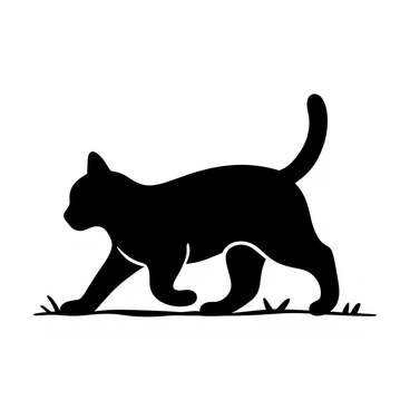 A black-and-white illustration of a cat's silhouette crouched low to the ground, with its body tense and poised for action. The tail is curled tightly behind it, and the ears are perked forward, indicating focus. The background is minimal, emphasizing the cat's outline in a dynamic position as if preparing to leap. The ground beneath is textured to suggest grass or dirt, adding depth to the scene.