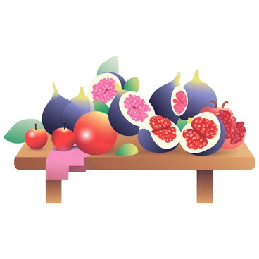 A vector illustration showcasing seasonal fruits like figs, pomegranates, and apples on a wooden table.