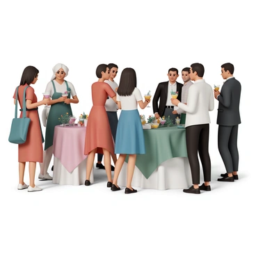 A sophisticated cocktail party scene featuring elegantly dressed guests mingling. Some guests are wearing tailored suits and elegant dresses, with women in various vibrant colors like red, blue, and green. The atmosphere is lively, with groups of people engaged in conversation. Colorful drinks are being held in their hands, with garnishes like fruit slices and herbs. The setting includes chic cocktail tables adorned with stylish tablecloths and decorative centerpieces. Soft lighting enhances the ambiance, creating a warm and inviting environment.