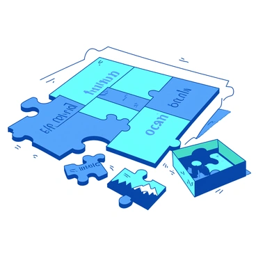 A blue jigsaw puzzle is spread out on a white table. Each puzzle piece is uniquely shaped to represent different vocabulary words such as "happy," "ocean," "forest," and "mountain." The vibrant pieces are arranged in an incomplete formation, showcasing their distinct silhouettes. Nearby, there is a small teal box filled with additional jigsaw pieces waiting to be placed. Soft shadows from the overhead light create depth around the puzzle's edges.