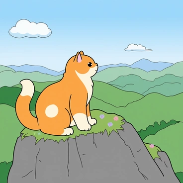 A fluffy orange cat with white patches is perched on the top of a tall mountain, gazing out over a breathtaking landscape. The cat's eyes are wide and bright as it takes in the view. In the distance, rolling hills and lush valleys stretch out under a clear blue sky. The mountain's rocky surface is detailed, with patches of green grass and small colorful wildflowers dotting the landscape around the cat. Soft, white clouds drift lazily in the sky, adding to the charm of the scene. The cat's tail is raised high, displaying its excitement at reaching this great height.