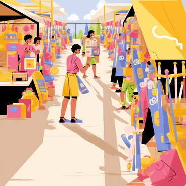A vibrant open-air market filled with various stalls. Artisans wearing colorful clothing are showcasing handmade crafts, including intricately carved wooden items and vibrant woven textiles. Nearby, a group of warriors dressed in armor are displaying an array of handcrafted weapons such as swords and shields. The scene is lively, with customers browsing and interacting with the vendors. Sunlight casts warm light over the market, enhancing the rich colors of the crafts and the gleam of the weapons.