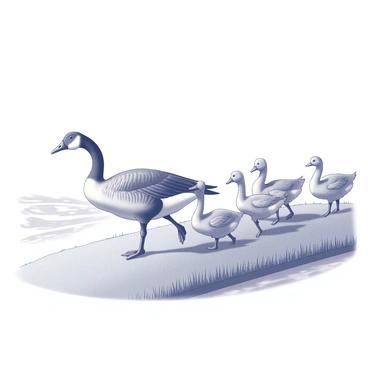 A family of geese is waddling along a grassy riverbank. The adult goose leads the group, showcasing its distinctive features, such as a long neck and a rounded body. Behind it, several goslings follow closely, their smaller forms mimicking the adult's movements. The river flows gently on one side, with ripples forming along the surface. The grass on the riverbank is lush and well-kept, providing a soft ground for the geese. The scene captures the interaction of the geese as they navigate their environment together.