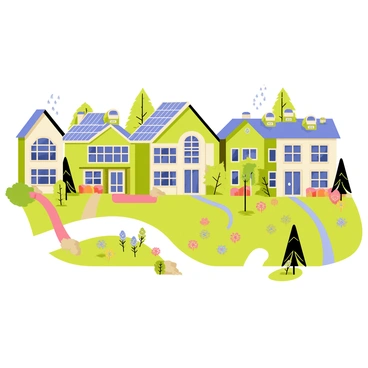 A neighborhood featuring a row of eco-friendly homes, each with distinct designs and solar roofs. The homes display various shades of green and earthy colors, integrating harmoniously into the landscape. Rainwater collection systems are visible on the rooftops, showcasing clear tanks that store water. Lush green spaces are interspersed throughout the neighborhood, filled with vibrant flowers and small trees. Pathways wind through the area, inviting residents to stroll and enjoy the natural surroundings.