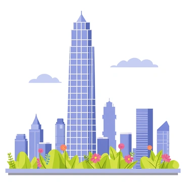 A tall skyscraper with a sleek glass exterior rises against the sky. The building features a lush green rooftop garden filled with various plants and colorful flowers. From the rooftop garden, a panoramic view of a vibrant city skyline is visible, showcasing a mix of other skyscrapers and architectural designs under a clear blue sky.