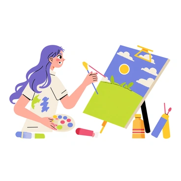 An anime girl with long, flowing purple hair is focused on painting a colorful landscape on a large canvas. She is wearing a white shirt that is splattered with various paint colors, including blue, yellow, and red. Her bright eyes reflect excitement as she holds a paintbrush in one hand and a palette with vibrant colors in the other. The scene includes a lush green field and a vibrant sky filled with swirling clouds as part of the painting on the canvas. Nearby, several paint tubes and brushes are scattered around her, adding to the artistic atmosphere.