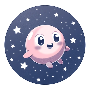A round character with a cheerful expression is floating in space. The character has a pink exterior, small limbs, and large, expressive eyes. Surrounding the character are numerous twinkling stars of various sizes, scattered throughout the scene. The background is filled with the vastness of space, featuring a deep contrast that highlights the character and the stars. The character appears to be gently drifting, with a sense of joyful exploration in the cosmic environment.