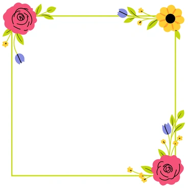 A decorative border featuring a variety of colorful flowers arranged in an artistic manner. The flowers include large red roses, small yellow daisies, and delicate purple tulips. Green leaves and stems intertwine among the blooms, adding texture to the border. The overall arrangement is symmetrical, creating an elegant and vibrant frame. Each flower is distinct, showcasing detailed petals and varying colors that enhance the visual appeal of the border.