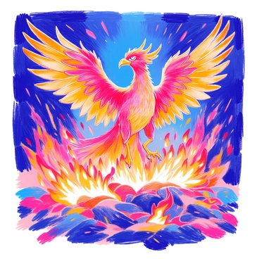 A majestic phoenix with vibrant red and gold feathers is emerging from a bed of flames. The wings are outstretched, showcasing intricate plumage with shades of orange and yellow. The body of the phoenix is powerful and dynamic, with flames swirling around its feet. The background features intense, bright flames that illuminate the scene, casting flickering shadows. The eyes of the phoenix are fierce and determined, capturing the essence of rebirth and strength.