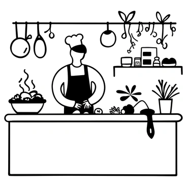 A chef wearing a chef's hat and a long apron is standing at a large wooden countertop in a kitchen. Various fresh ingredients, such as herbs, vegetables, and spices, are scattered around the countertop. The chef is chopping an assortment of colorful vegetables with a sharp knife. Above the countertop, there are hanging pots, pans, and a variety of utensils. A bowl filled with an exotic dish is prominently placed on the countertop, with steam rising from it. In the background, shelves are stocked with jars of spices and cooking tools.