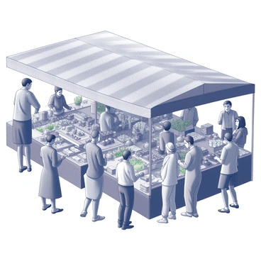 A crowded market scene filled with a variety of stalls. Each stall showcases an assortment of fresh produce, handmade goods, and vibrant textiles. People of different ages and backgrounds are interacting, shopping, and engaging in conversation. Some individuals are examining fruits and vegetables, while others are bartering over goods. The atmosphere is dynamic, with shoppers moving through the aisles and vendors calling out about their products.