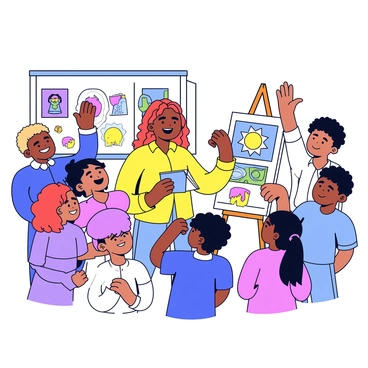 An illustrator is standing in a classroom filled with vibrant artwork hanging on the walls. She has long, wavy hair and is wearing a bright yellow shirt. Around her are several excited students, a diverse group with different hairstyles and clothing, eagerly raising their hands and asking questions. Some students are holding sketchbooks, while others are pointing at colorful drawings displayed on a nearby easel. The atmosphere is filled with energy and curiosity as the illustrator engages with the students, smiling and sharing insights about her creative process.