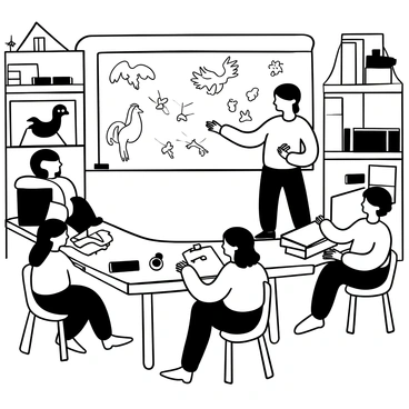 An illustration tutor standing in front of a chalkboard filled with sketches of various fantasy creatures, such as a dragon, a unicorn, and a griffin. The tutor is holding a chalk in one hand and gesturing towards the board. Around them, several workshop participants are seated at tables, each focused on their own sketchbooks, drawing their interpretations of the creatures. On the tables, there are art supplies like pencils, erasers, and paper scattered around. The room is filled with bookshelves lined with art books and reference materials.