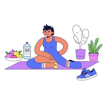 An illustration depicting a healthy lifestyle routine. In the center, a person is performing Kegel exercises, depicted as a figure sitting on a yoga mat with a calm expression. Surrounding the figure are various elements representing a healthy lifestyle: a water bottle marked with a label reading "H2O," a bowl of fresh fruits including apples and bananas, and a potted plant indicating wellness. There is also a pair of sneakers beside the mat, symbolizing physical activity. The setting is simple and organized, emphasizing a balanced and healthy routine.