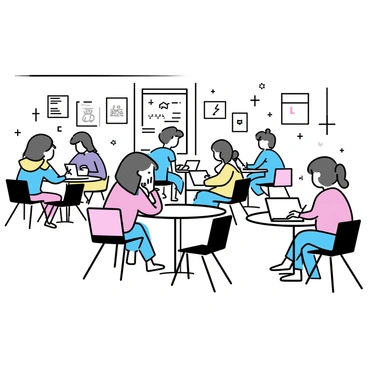 A busy tutoring center with multiple study pods arranged throughout the room. Each pod contains a small table with two chairs. Students are sitting at the tables, focused on their work, some are writing in notebooks while others are typing on laptops. A whiteboard stands in the corner, filled with notes and diagrams. The walls are decorated with educational posters. Soft, ambient lighting fills the space, creating a productive atmosphere.