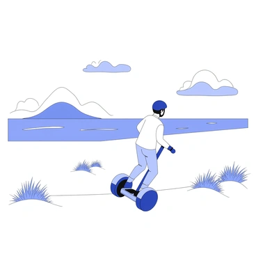 A Segway rider is navigating a sandy trail along a beach. The rider is wearing a helmet and protective gear. The Segway has two large wheels and a sturdy handlebar. The sandy trail is flanked by tufts of grass and small dunes. In the background, waves are crashing against the shore, creating an impression of movement and energy. The sky above is clear, with a few scattered clouds enhancing the coastal atmosphere.