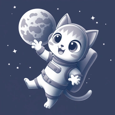 A cartoon cat wearing a space suit is floating in the vastness of space. The cat has large expressive eyes and a playful grin. It is positioned in the foreground, with its paws outstretched as if enjoying the weightlessness. In the background, Earth is visible, a large spherical shape with continents and swirling clouds, occupying a significant portion of the scene. Stars dot the blackness of space, providing a sense of depth and distance around the cat and Earth.