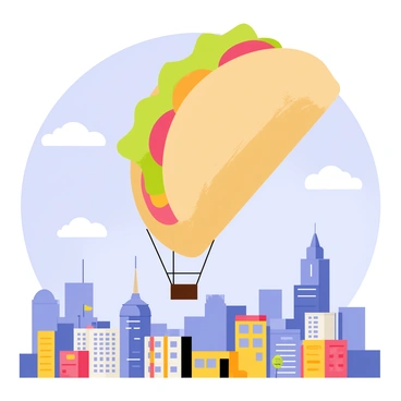 A hot air balloon shaped like a giant burrito hovers in the sky above a bustling city. The burrito balloon is colorful, featuring shades of brown, green, and red to represent the tortilla and fillings. Below, the cityscape displays a variety of buildings, including tall skyscrapers and cozy houses. The scene is vibrant, with a clear blue sky and a few fluffy white clouds surrounding the balloon, emphasizing its whimsical shape as it gently floats above the urban landscape.