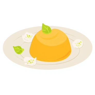 A dessert plate featuring a round, golden mango treat that is delicately arranged. The mango treat is garnished with vibrant green mint leaves, adding a pop of color. Surrounding the mango are small dollops of creamy white whipped cream and a sprinkle of crushed pistachios for texture. The plate is a clean white, highlighting the colorful elements of the dessert.