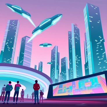A sprawling cityscape filled with retro-futuristic skyscrapers that have curved designs and vibrant neon lights. The buildings are adorned with metallic surfaces that reflect the colors of the sunset. Above the skyline, multiple flying cars zip through the air, showcasing sleek designs and glowing headlights. In the foreground, a busy street is lined with people in contemporary attire looking up at the sky, while a large holographic billboard displays colorful advertisements. The scene is infused with energy, capturing the hustle and bustle of a vibrant metropolis.