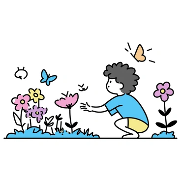A toddler with curly hair, wearing a light blue shirt and yellow shorts, is crouching down in a vibrant garden. The garden is filled with various flowers in shades of red, pink, yellow, and purple. Colorful butterflies in orange, blue, and yellow are fluttering around the flowers. Sunlight streams down, creating a warm and cheerful atmosphere as the toddler reaches out to touch a bright red flower.