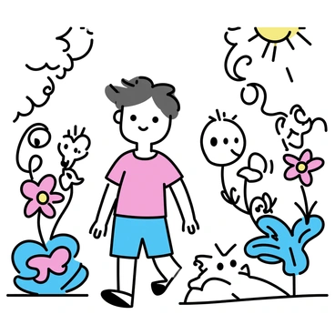 A child with bright, curious eyes is wandering through a vivid forest. The child is wearing a red shirt and blue shorts. Surrounding the child are various fantastical plants with swirling shapes and vibrant colors, including pink flowers and blue leaves. Creatures of unusual forms, such as a small creature with big eyes and a fluffy tail, peek out from behind the foliage. Sunlight filters through the treetops, casting playful shadows on the ground. The scene captures the child's sense of wonder as they explore this enchanting environment.