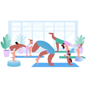 A spacious yoga studio with large windows letting in soft, natural light. Several participants are on yoga mats in various poses, focusing on balance and strength. One person is positioned on all fours, executing a glute kickback with one leg extended behind them. Others are in different postures, such as downward dog and warrior poses, showcasing a variety of fitness levels. Each participant is dressed in comfortable workout attire, and there are potted plants in the corners of the room, adding a touch of greenery. "Yoga for strength" is written in elegant letters on the wall.