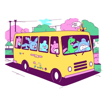 A yellow cartoon bus is driving down a vibrant street. Inside the bus, a group of various cartoon characters, including a blue rabbit, a pink bear, and a green dinosaur, are animatedly chatting and laughing with each other. Some characters are sitting by the windows, with their heads partially out, enjoying the breeze, while others are standing and holding onto the overhead straps. The bus is decorated with colorful details, including stickers and drawings on the sides. The atmosphere is filled with energy as the characters express joy and camaraderie.