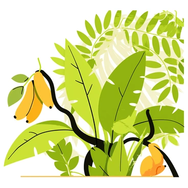 A green monstera plant with large, glossy leaves is prominently displayed. Ripe tropical fruits, including bright yellow bananas and vibrant orange papayas, hang nearby from a thick, twisting branch. The scene has lush foliage filling the background, providing a rich jungle-like atmosphere. The sunlight filters through the leaves, casting dappled shadows on the ground below.