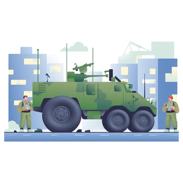 A large green military vehicle is driving through the streets of a city during an urban warfare scenario. The vehicle has rugged tires and is equipped with visible tactical gear such as antennas and camouflage patterns. Around the vehicle, there are damaged buildings with broken windows and debris scattered on the ground. A few soldiers dressed in tactical uniforms are positioned nearby, observing their surroundings. The sky is overcast, casting a gray tone over the scene, highlighting the tension of the urban environment.