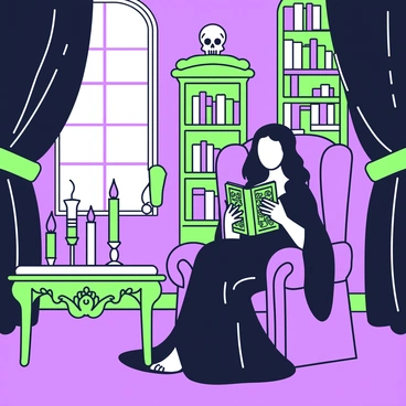A vampire is seated in a plush chair in a candlelit chamber. The vampire has long, dark hair and pale skin, wearing an elegant, flowing black attire. In their hands, they hold an intricate gothic romance novel, its cover adorned with ornate patterns. The chamber features dark velvet drapes that frame the windows, creating a moody atmosphere. Several candles of varying heights flicker on a nearby ornate table, casting dancing shadows on the walls. A large, antique bookshelf filled with books serves as the backdrop, and a small skull sits atop the shelf, adding to the gothic theme of the setting.