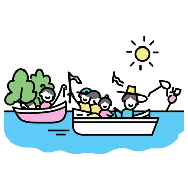 A vibrant scene of a parade of boats on a clear blue lake. Each boat is uniquely designed and painted in various colors. Families are seated in the boats, smiling and waving colorful flags. Children are wearing bright hats and holding balloons. The sun is shining brightly, casting reflections on the water, while nearby trees provide a lush green backdrop.