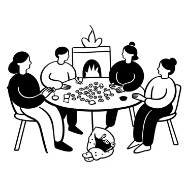 A group of four friends seated around a round table, engaged in a game of mahjong. The table is covered with mahjong tiles arranged in intricate patterns. A warm fireplace is visible in the background, with flames flickering and casting shadows. The friends are focused on the game, with tiles in their hands, while a cozy blanket is draped over one chair. A steaming cup of tea is placed on the table, alongside a small plate of snacks. The scene conveys an atmosphere of warmth and camaraderie, with the room softly illuminated by the glow of the fireplace.