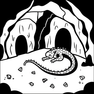A large dragon cave with rugged, uneven walls and a dark entrance. In the foreground, a sleeping dragon is curled up, its scales glistening in the dim light. Surrounding the dragon are various sparkling gems scattered across the rocky ground, reflecting light from an unseen source. The cave is filled with a sense of stillness, with shadows casting intriguing shapes on the walls.
