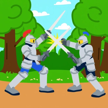 Two armored knights are engaged in a fierce battle, clashing swords in a dense forest clearing. The knights wear shiny steel armor, intricately detailed with engravings and embellishments. One knight has a red plume atop his helmet, while the other sports a blue crest. Their swords are raised high, striking against each other with sparks flying from the point of contact. Surrounding them are tall, lush green trees with bright leaves, and dappled sunlight filters through the branches, casting patches of light on the forest floor. The ground is covered with rich, brown soil and small patches of grass, adding to the vividness of the scene.