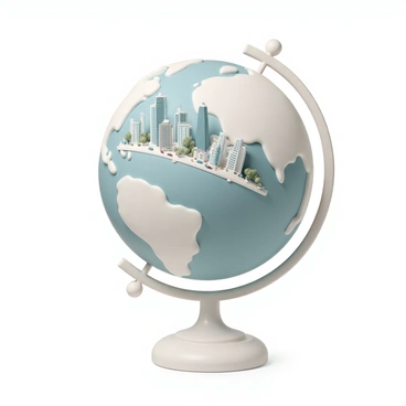 A globe with a smooth, reflective surface, displaying a miniature cityscape. The city features a variety of modern skyscrapers with glass facades and unique architectural designs. Some buildings are tall and slender, while others are shorter and wider, creating an interesting skyline. The streets are filled with tiny cars and bustling pedestrians, showcasing the activity of urban life. Small trees and green spaces dot the city, adding pops of color to the scene. The globe is resting on a simple, elegant stand, giving the impression of a captivating world contained within.