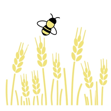 A bee, with black and yellow stripes, is positioned in mid-air above a golden field of wheat. The field features tall, swaying stalks of wheat that shimmer in the sunlight. The scene captures the bee in clear focus, showcasing its delicate wings and body as it hovers near the tops of the wheat plants. The wheat field extends into the background, emphasizing the vastness and richness of the harvest-ready crops.