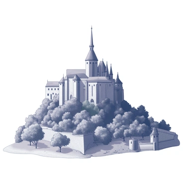 Mont Saint Michel rising majestically from the sea. The island is crowned with a medieval abbey featuring tall spires and intricate architectural details. Surrounding the base of the island, several trees and shrubs are present. The foliage is dense, displaying various forms of leaves. The landscape is filled with an array of textures, showcasing the natural beauty of the trees. The ground is scattered with fallen leaves. Soft shadows cast by the trees create a dynamic contrast against the structure of Mont Saint Michel.