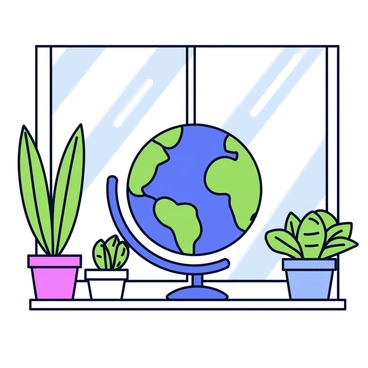 A globe with a blue and green map highlighting continents is placed on a sunny windowsill. Surrounding the globe are various houseplants, including a tall snake plant with long, upright leaves and a small potted succulent with thick, rounded leaves. Sunlight is streaming in, casting soft shadows of the plants and the globe onto the windowsill.