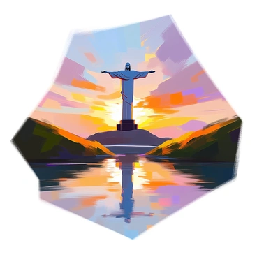 A view of "Christ the Redeemer" standing majestically on a hilltop, its figure casting a striking silhouette against the vibrant colors of the sunset. The sky is filled with hues of orange, pink, and purple as the sun descends on the horizon. Below, a calm water surface mirrors the statue and the colorful sky, creating a symmetrical reflection. The surrounding landscape includes lush green hills that frame the scene, enhancing the serene atmosphere of the moment. The entire composition captures the beauty of the iconic landmark in a tranquil setting.