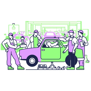 A busy car factory in Britain during the 1960s is filled with workers actively assembling cars. In the foreground, a group of four workers is focused on a partially assembled vehicle, each engaged in different tasks. One worker is tightening bolts while another is attaching a door to the car frame. A third worker is checking parts on a clipboard, and a fourth is passing tools to the others. The background features rows of partially completed cars lined up on the assembly line, and various machinery and tools are scattered around the workshop. The atmosphere conveys a sense of industriousness and teamwork among the workers.