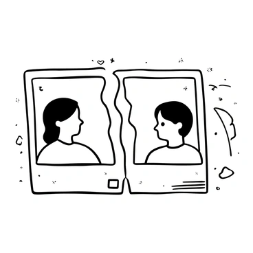 A black-and-white illustration of a photograph that has been torn down the middle, creating two distinct halves. Each half of the photograph displays "smiling faces" looking in opposite directions. The torn edges of the photograph are jagged and emphasize the separation. In the background, there are subtle textures that suggest an old, worn surface on which the photograph rests.