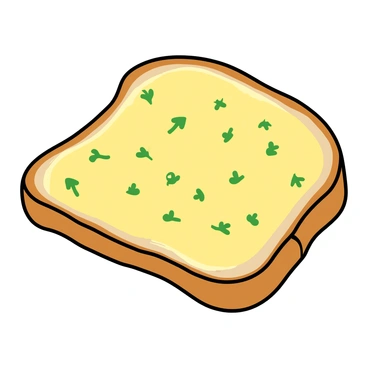 An artistic close-up of a slice of garlic bread with herbs