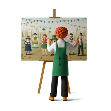 An artist with curly red hair and wearing a green apron is standing in front of a large canvas. The canvas displays vibrant illustrations depicting various Irish festivals with traditional elements such as dancers in colorful dresses, musicians playing folk instruments, and people wearing shamrock accessories. The background is filled with festive decorations including string lights and banners. The artist is holding a paintbrush, with splashes of paint on their hands, showcasing their creative process.