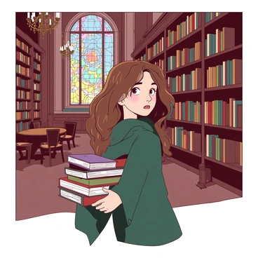 A young girl with brown hair is sneaking out of a grand library. She is wearing a dark green cloak that billows slightly as she moves. In her right arm, she is holding a stack of thick, colorful books, some of the covers adorned with intricate designs. The library is vast, with tall wooden shelves filled with books stretching towards a high ceiling. There are ornate chandeliers hanging above, casting a soft light over the scene. The girl is glancing over her shoulder, her expression a mix of excitement and apprehension. In the background, there are dark wooden tables and chairs, and a large stained glass window filtering in colored light.