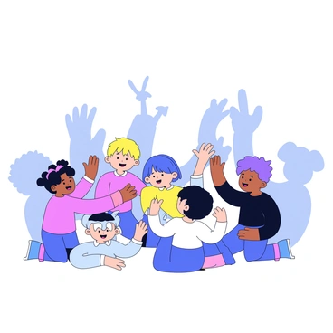 A group of children gathered together in a dimly lit room, casting hand shadows on a white wall. Each child is forming various animal shapes and whimsical characters with their hands. One child is creating a rabbit shape, while another is making a bird. A third child is shaping their hands to form a dog. The shadows are clear and distinct, contrasting against the light wall behind them. The children are laughing and engaged, enjoying the playful activity together.
