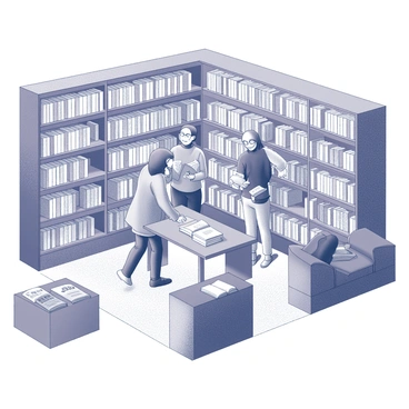A bookstore interior filled with shelves of books stacked high. Several people are browsing the aisles, reaching for books on the shelves. One person is standing near a table, flipping through a book, while another is engaged in conversation with a friend beside a display of new releases. A comfortable reading nook can be seen in the corner, with a couple of individuals seated, absorbed in their reading. The atmosphere is lively, with a mix of laughter and chatter filling the space.