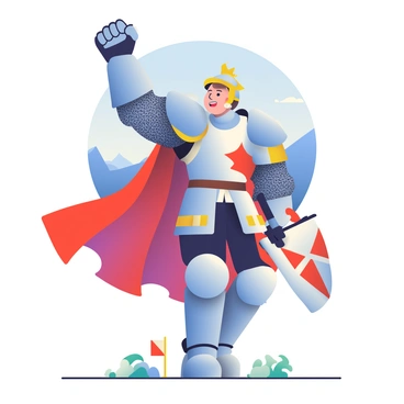 A heroic knight with a strong build and a determined expression is raising a shimmering silver gauntlet high in celebration after a victory. The knight is wearing a detailed set of armor with intricate designs, featuring a blue and gold color scheme. His helmet is adorned with a crest, and a flowing red cape billows behind him. In the background, there is a clear blue sky and distant mountains, while the ground is littered with small banners and remnants of a battle. The knight's other hand rests on the hilt of a sword sheathed at his side, emphasizing his readiness for future challenges.