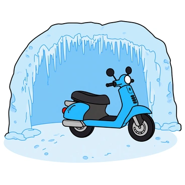A snow scooter exploring the entrance of a gleaming ice cave